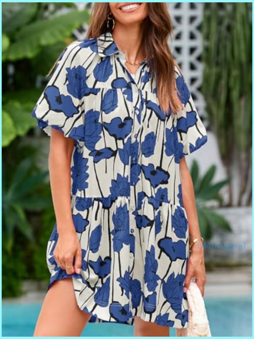 Summer Button Down Shirt Dress Floral Puff Sleeve Loose Fit Mini - Picture 2 of 7
